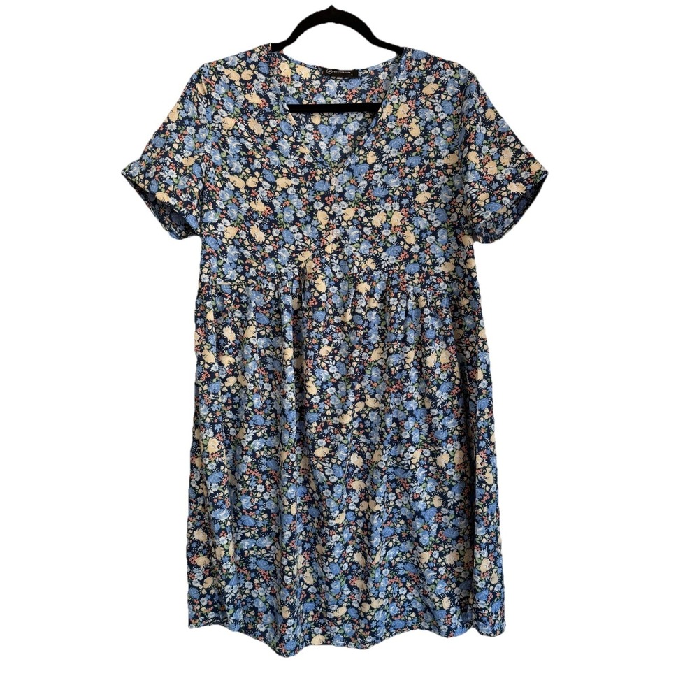 PRETTY GARDEN Blue Yellow Floral Knee Length Dress V-Neck Button Short Sleeve S